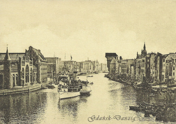 Pocztówka-reprint - Statek pasażerski w Gdańsku około 1900 r.
