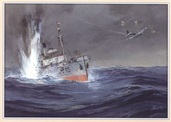 Pocztówka - Patrolowiec OF MEDOC tonie po lotniczym ataku torpedowym